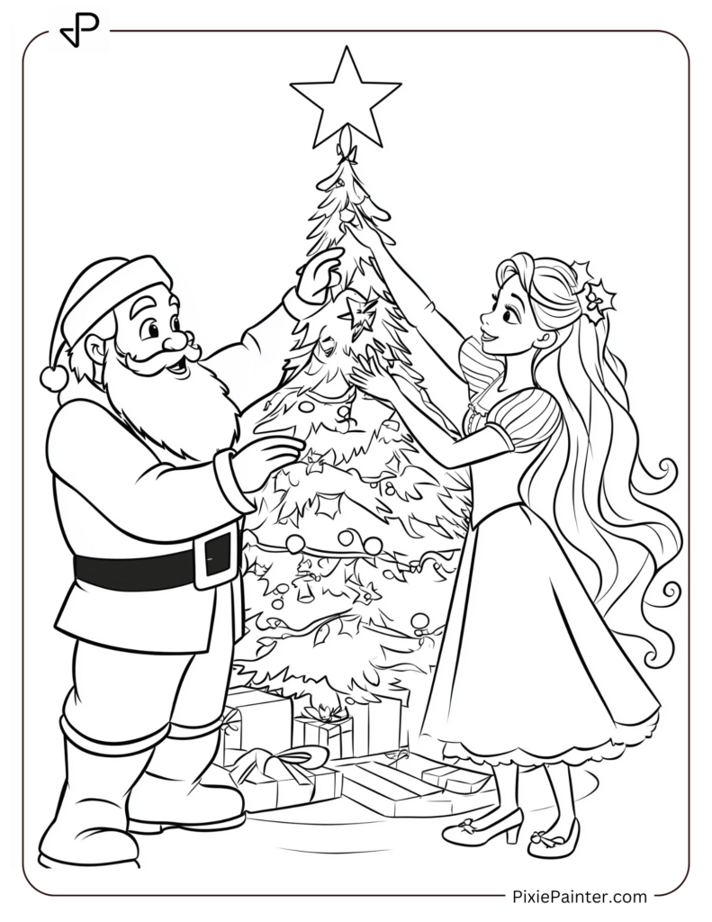 Christmas Coloring Page For Kids - Santa And Rapunzel With Tree