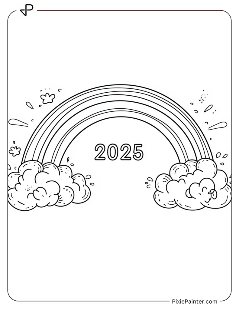 Coloring Page of A Vibrant Rainbow With _2025_ in the Clouds