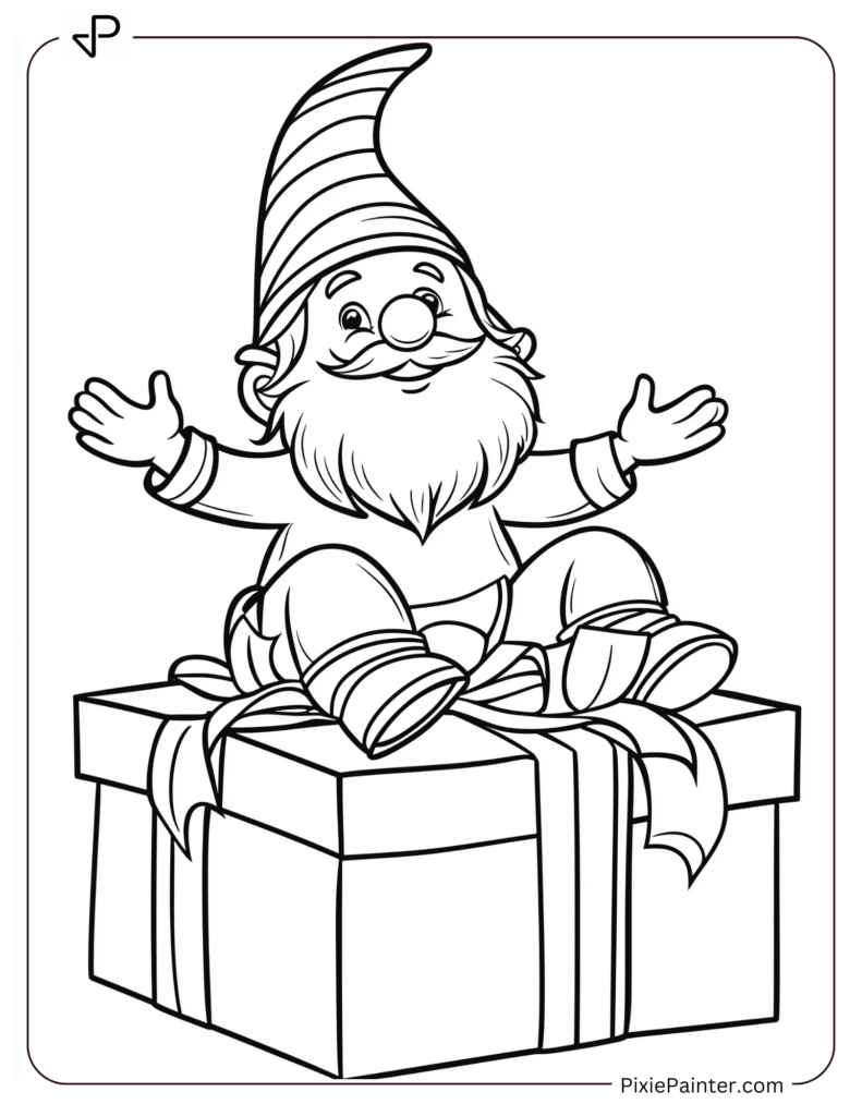 A whimsical gnome sitting atop a gift