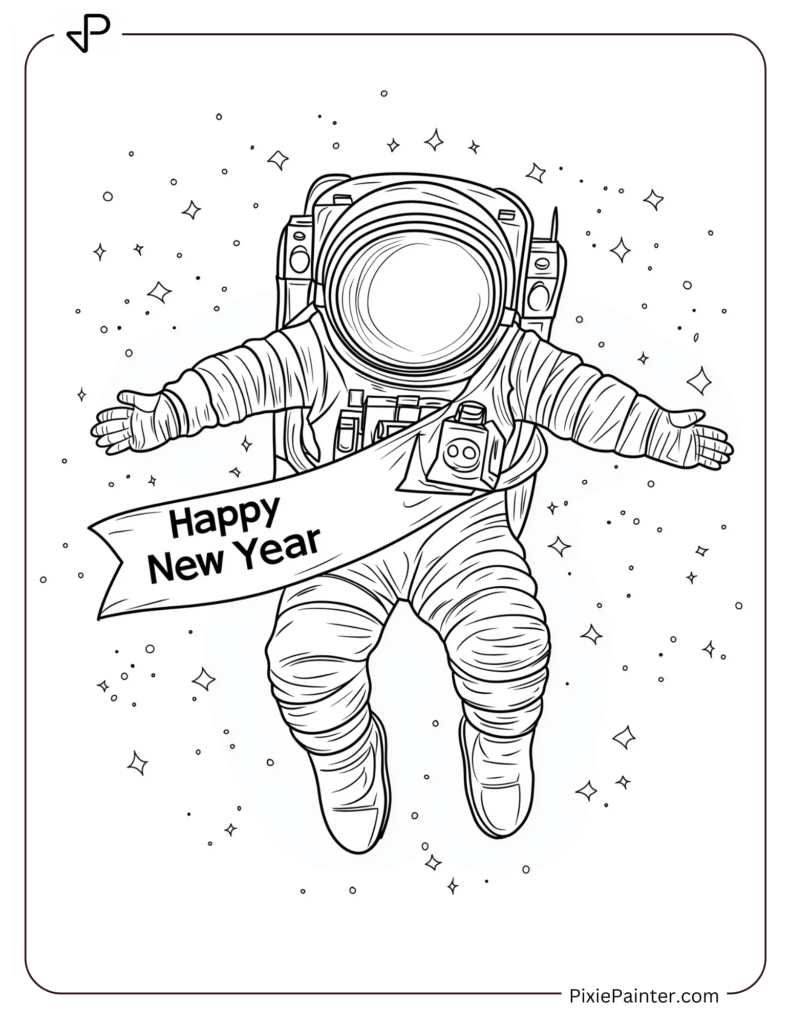 New Year Coloring Pages For Kids Where Astronaut Floating In Space With A "Happy New Year" Banner.