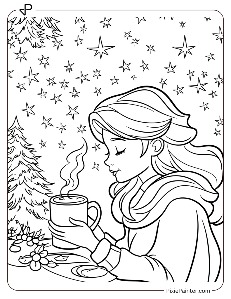 Disney Princess Aurora sipping hot cocoa under a snowy sky filled with stars