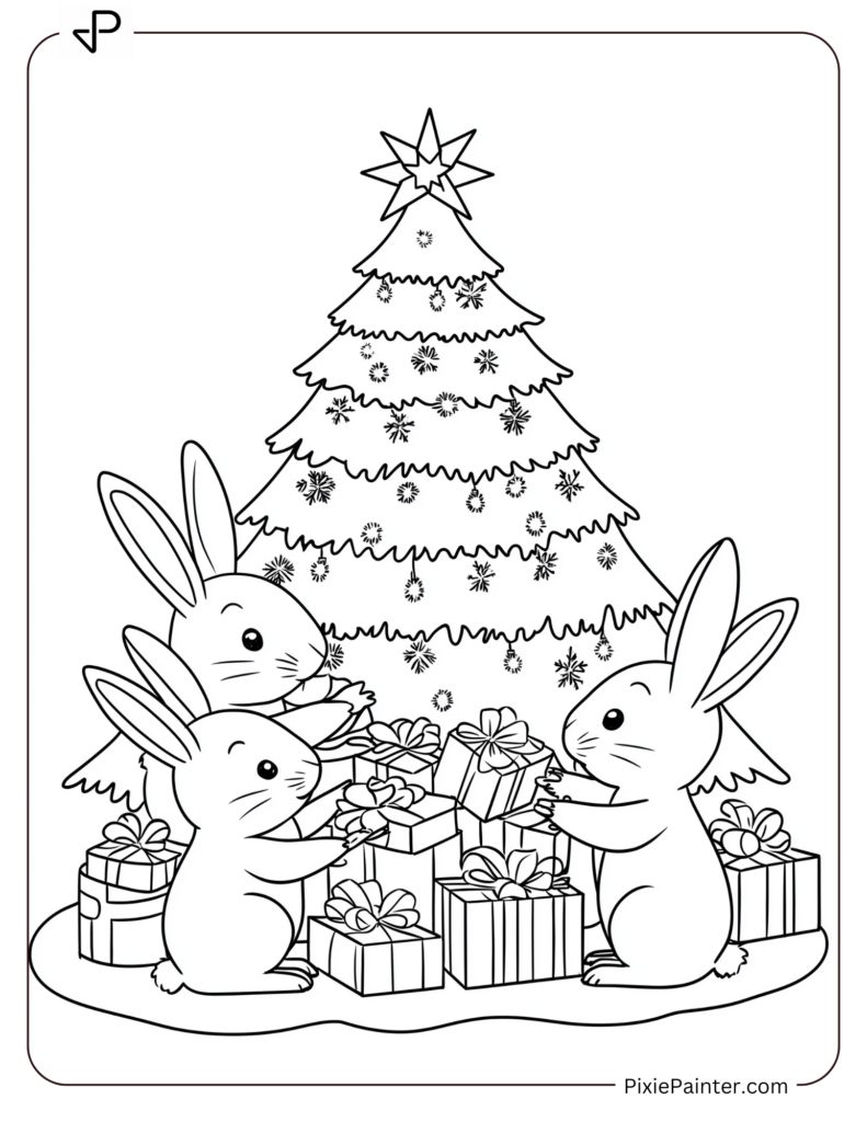 14. Christmas Tree With Gift-Giving Bunnies Coloring Pages