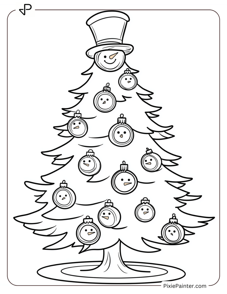 Christmas tree with snowman ornaments and top hat