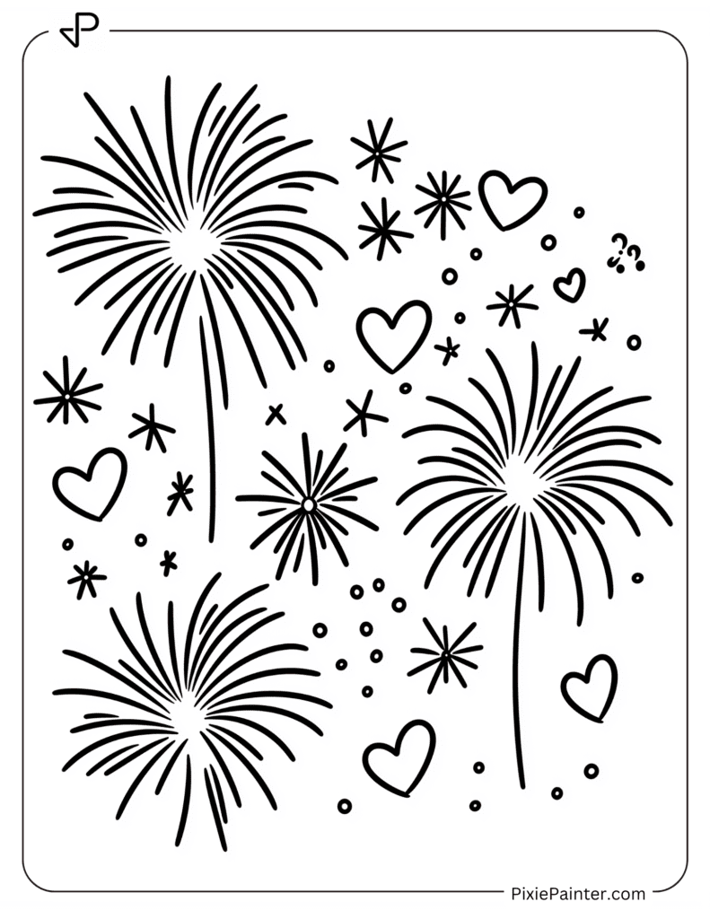 Happy New Year Coloring Page - Fireworks Forming Stars And Hearts