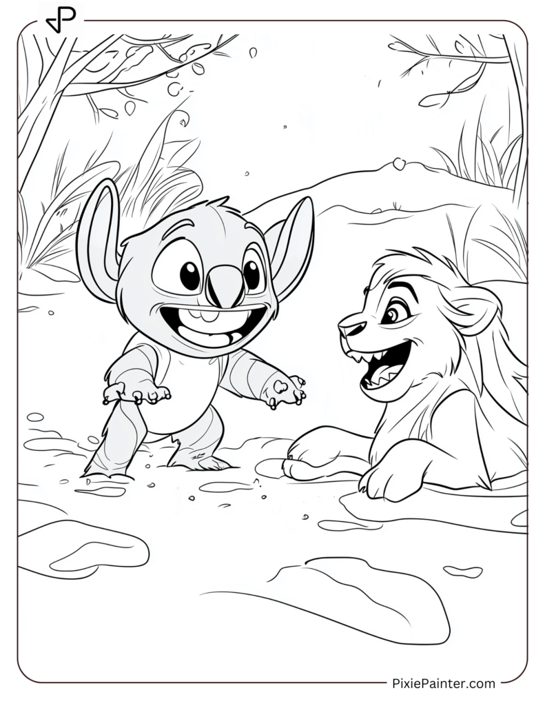 14. Happy Stitch Playing with Simba Coloring Pages