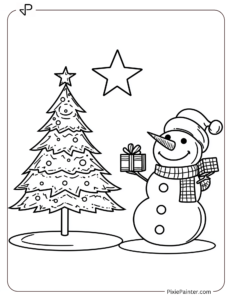 Small Christmas Tree Coloring Page | Snowman Holding a Gift Beside a Christmas Tree With a Star