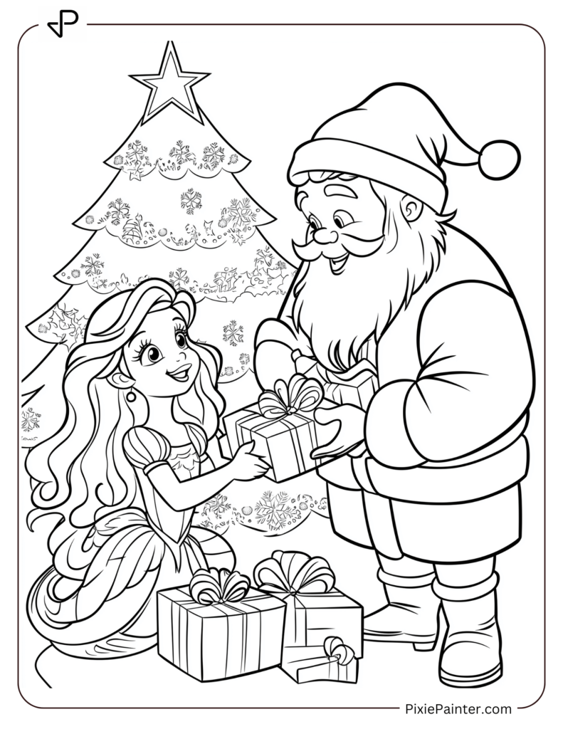 Christmas Coloring Page For Kids - Santa And Ariel Exchanging Gifts