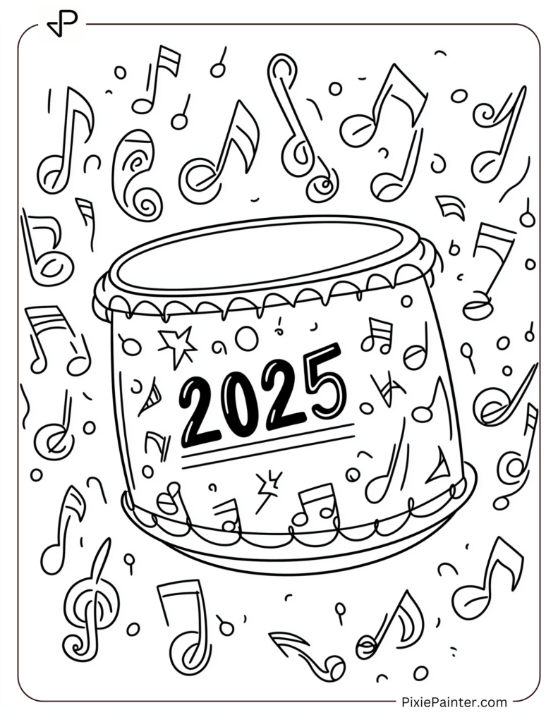 Coloring Page of A Festive Drum With _2025_ and Musical Notes Around It