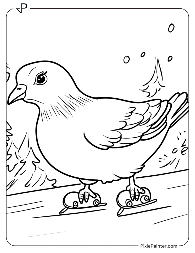 A pigeon skating on ice with tiny skates