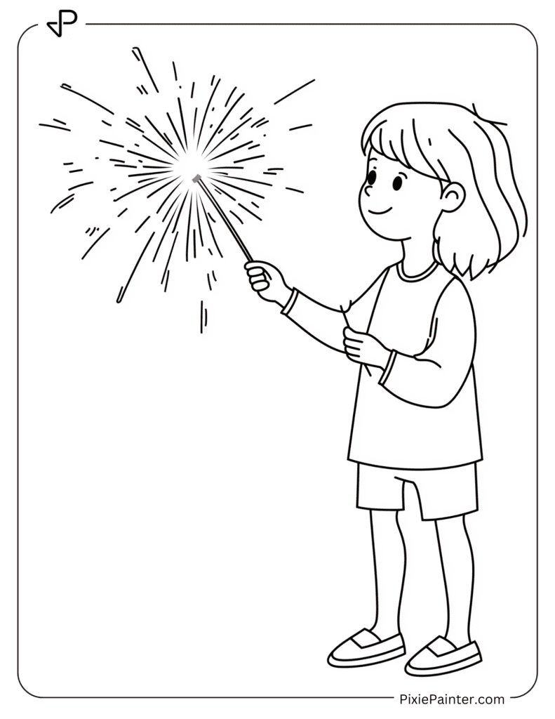 Happy New Year Coloring Page - Child Holding A Sparkler With Trails