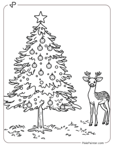 Small Christmas Tree Coloring Page | Deer Standing Near a Tree With Small Decorations