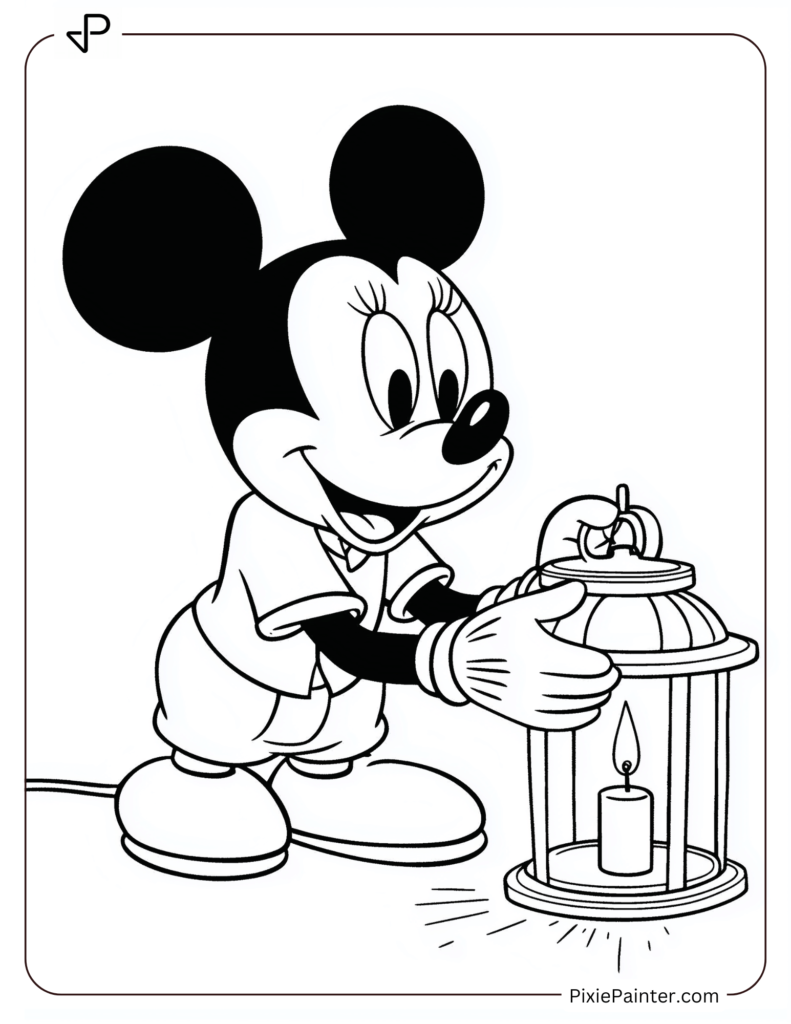 Mickey Mouse lighting a candle in a Christmas lantern