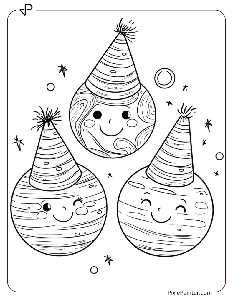 New Year Coloring Pages For Kids Where Smiling Planets Wearing Party Hats And Celebrating.