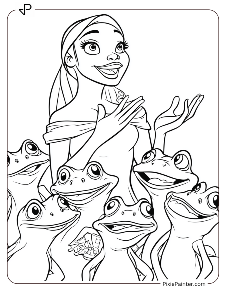 Disney Princess Tiana singing Christmas carols with a group of frogs