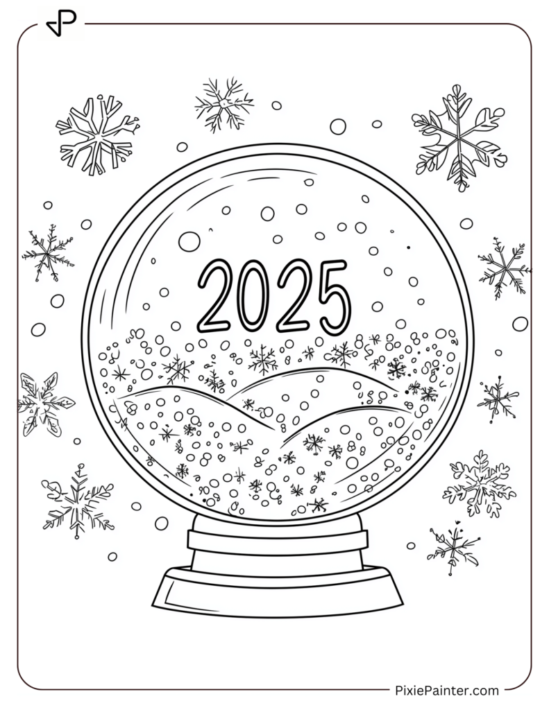 Coloring Page of A Snow Globe Featuring _2025_ and Swirling Snowflakes