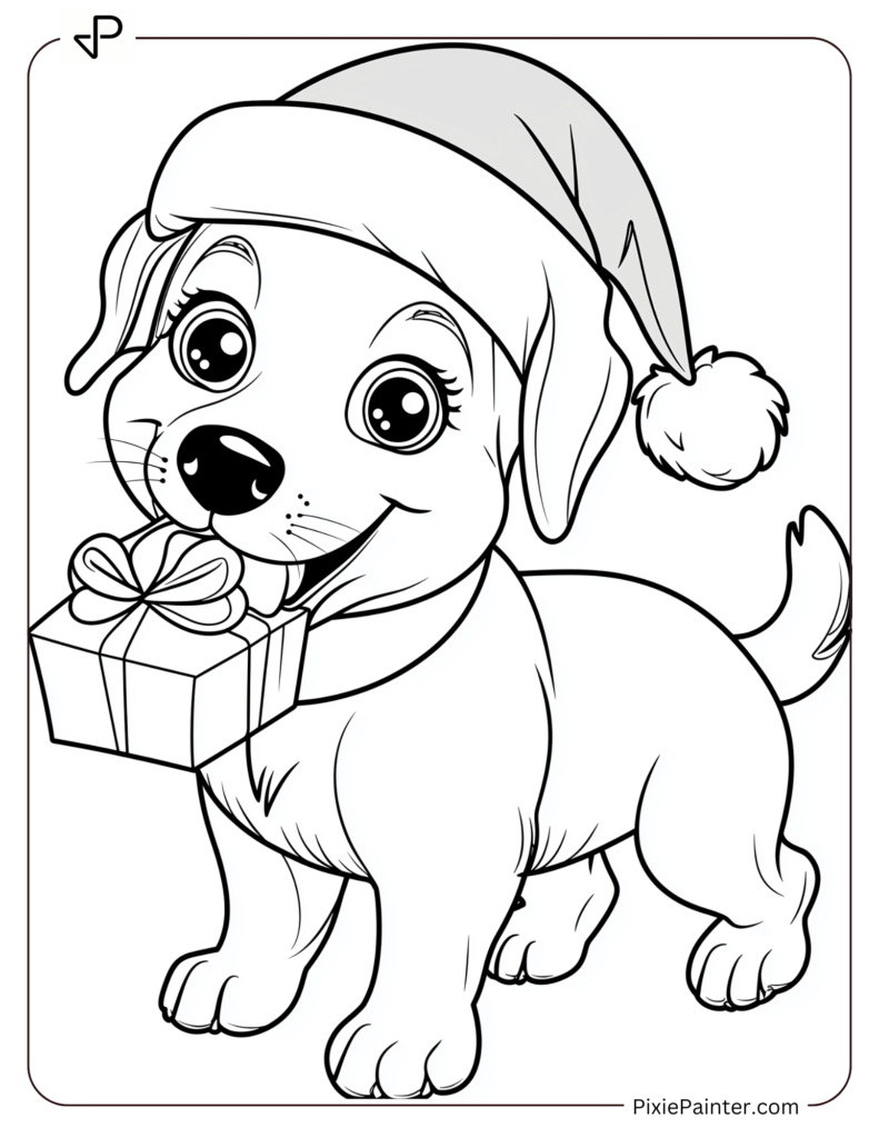 A dog in a Santa hat holding a gift