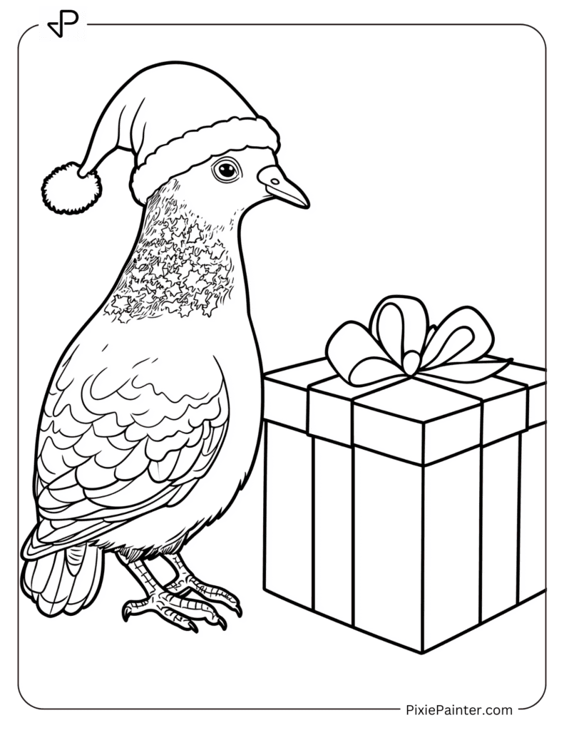 A pigeon with a Santa hat sitting next to a gift