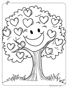 A smiling tree with heart-shaped fruit