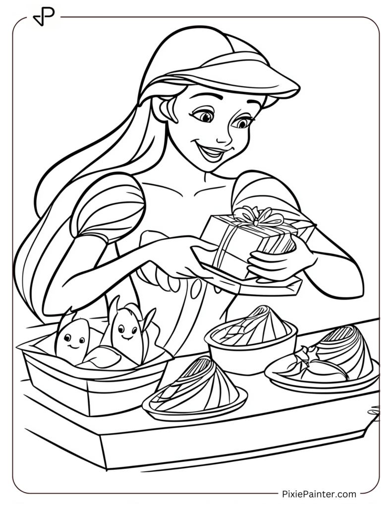 Disney Princess Ariel wrapping seashell-shaped gifts for her ocean friends