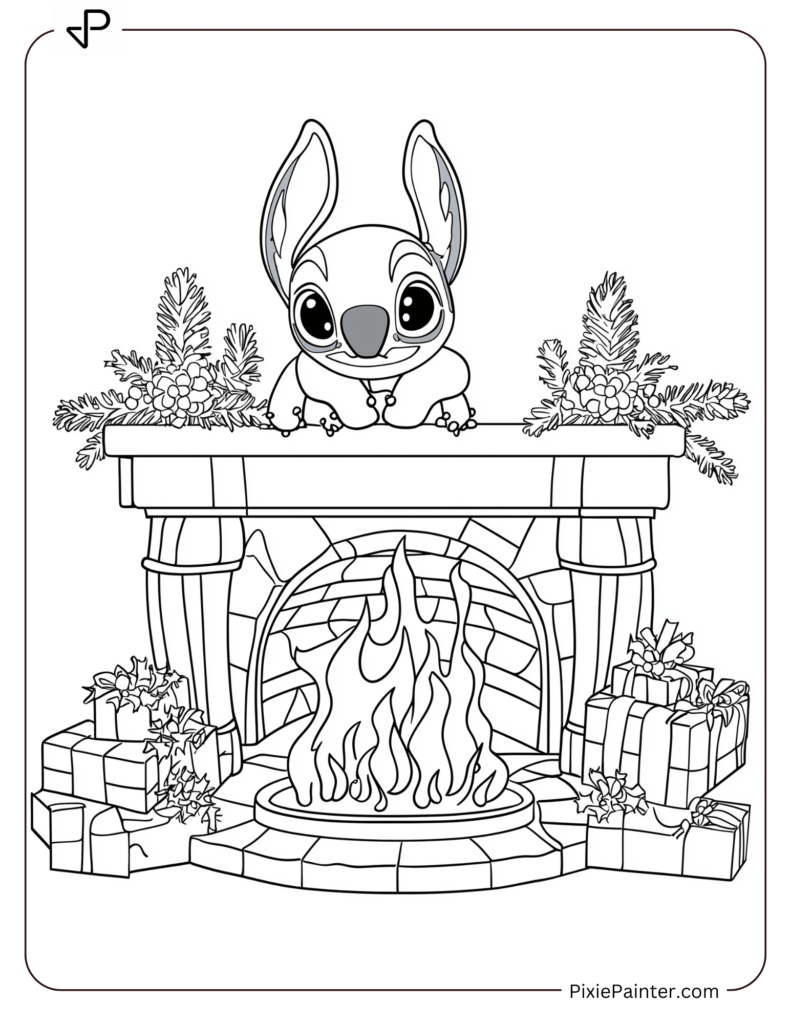 16. Baby Stitch Peeking Over Fireplace