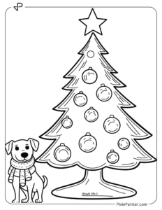 Small Christmas Tree Coloring Page | Dog in a Scarf Beside a Simple Tree With Star and Baubles