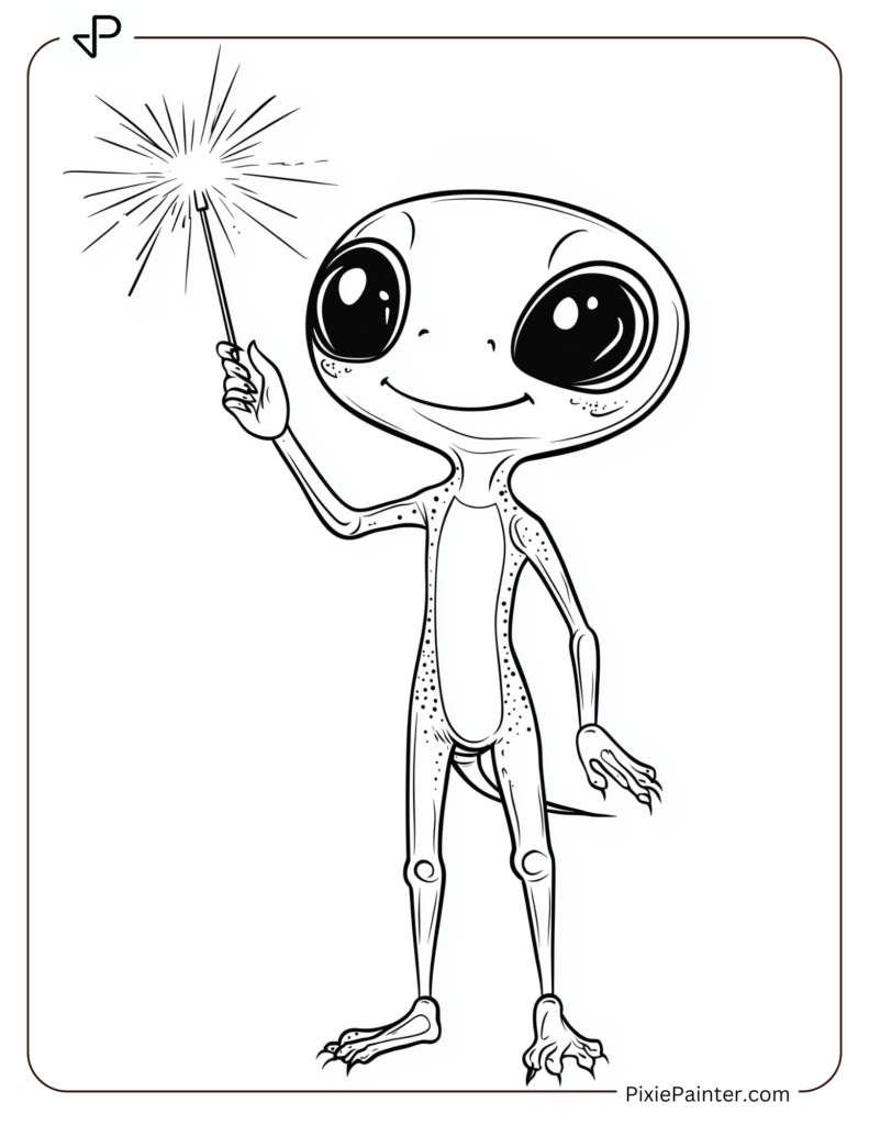 New Year Coloring Pages For Kids Where Friendly Alien Waving A Sparkler For New Year Fun.