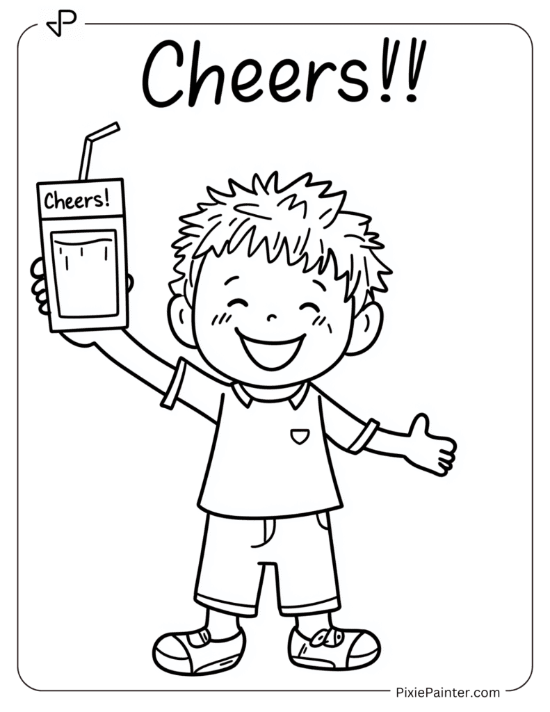 Happy New Year Coloring Page - Kid Holding A Juice Box With “Cheers!”