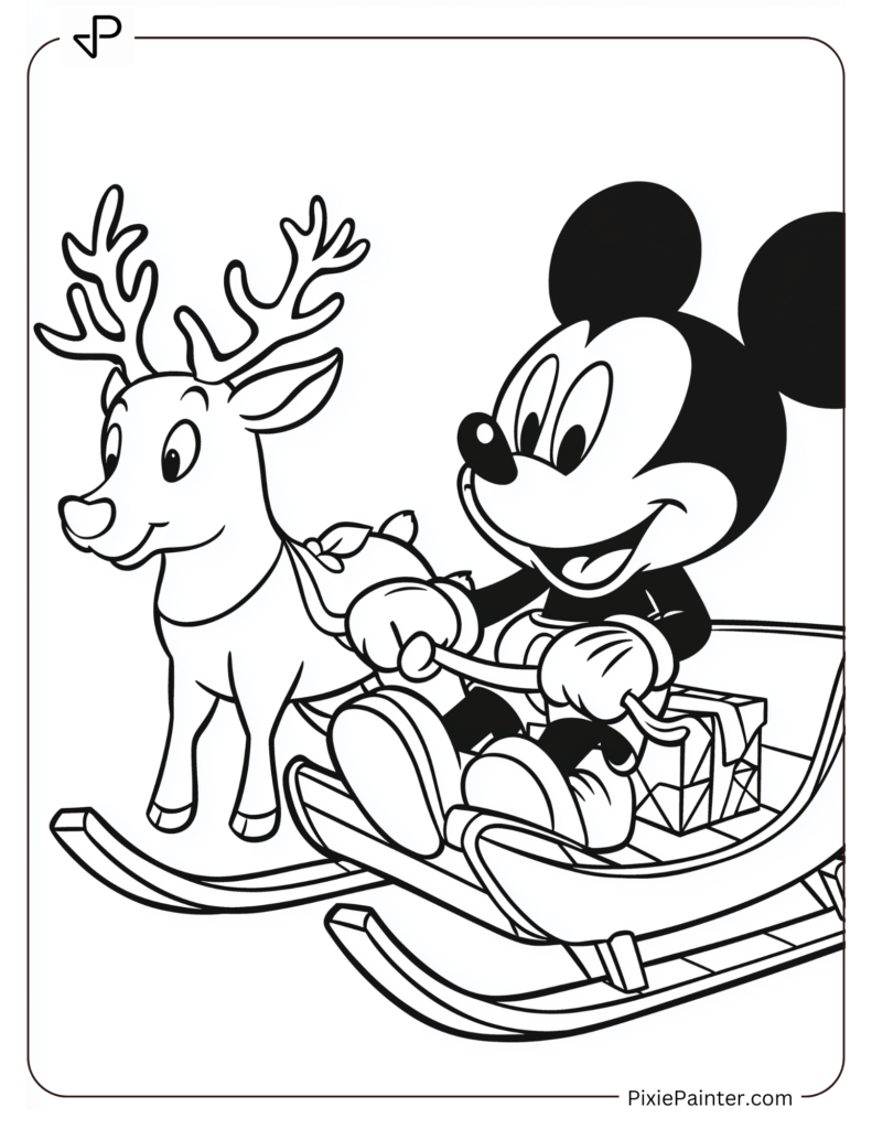 Mickey Mouse sitting on a sled, holding reins for reindeer