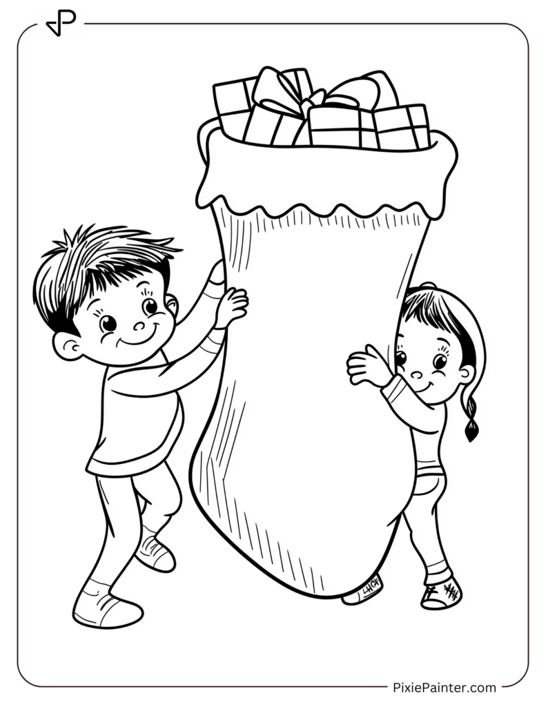 Christmas Coloring Page For Kids - Two Kids Sharing Christmas Stocking