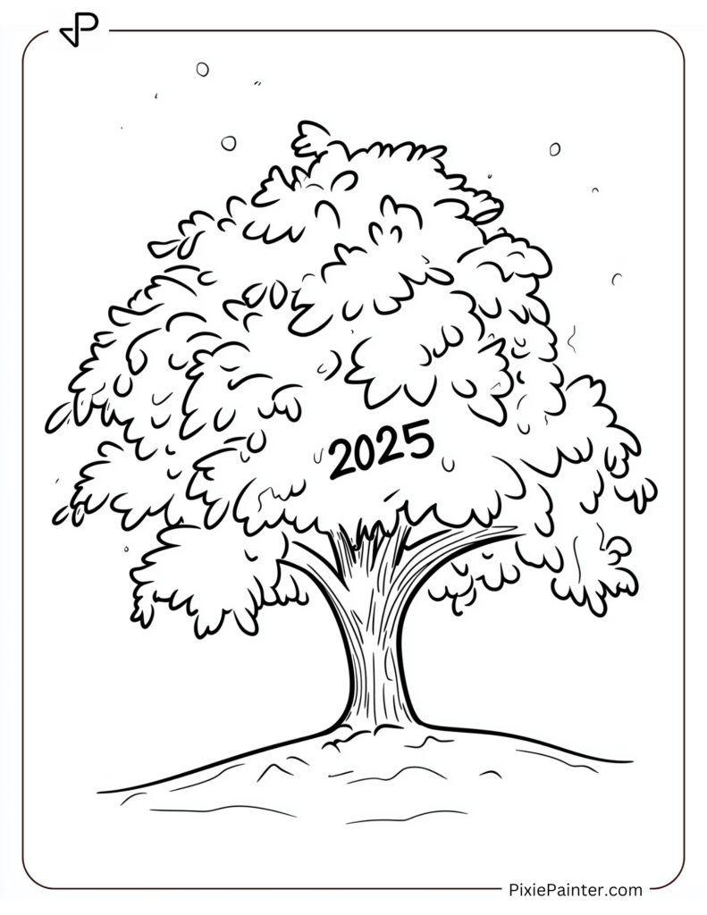 Coloring Page of A Snow-Covered Tree With _2025_ Carved on Its Trunk