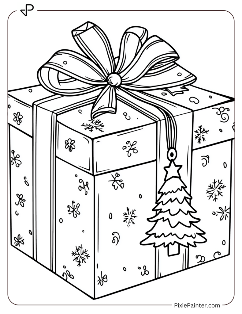 A gift box with a Christmas tree-shaped tag