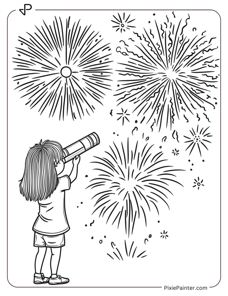 New Year Coloring Pages Where Child Looking Through A Telescope At New Year Fireworks.