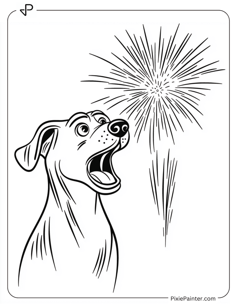 Happy New Year Coloring Page - Dog Watching Fireworks Excitedly