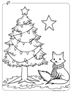 Small Christmas Tree Coloring Page | Fox in a Scarf Sitting Near a Tree With Lights and a Star