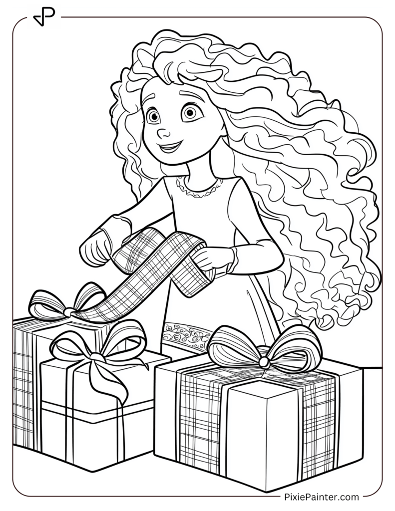 Disney Princess Merida adding a plaid ribbon to her Christmas gifts