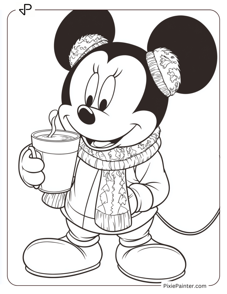 Mickey Mouse wearing earmuffs and a scarf while drinking hot chocolate