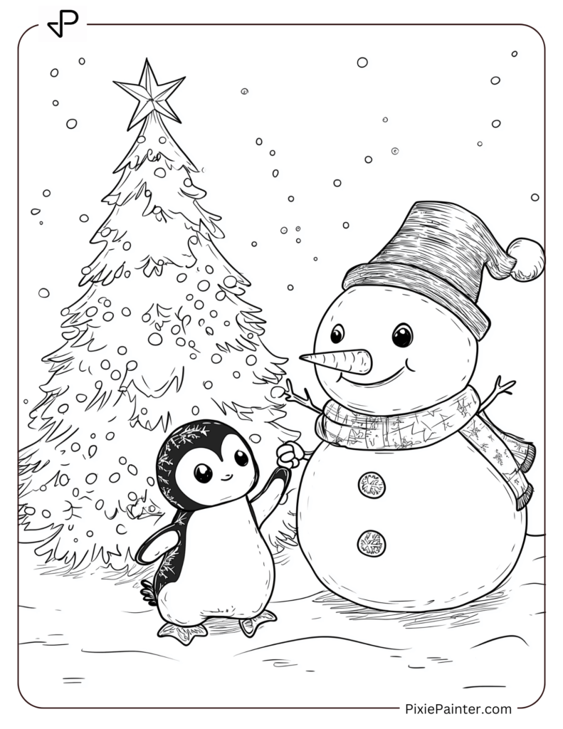 17. Penguin and Snowman by a Tree