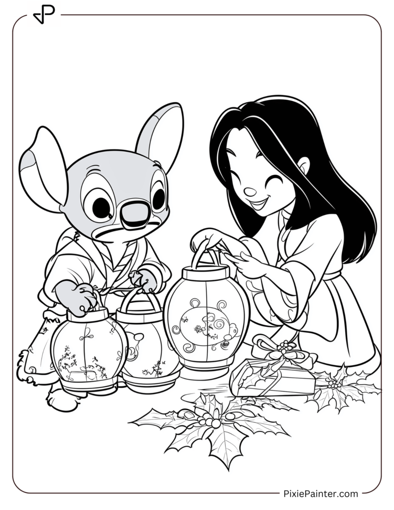 17. Stitch And Mulan Lighting Festive Snow Lanterns