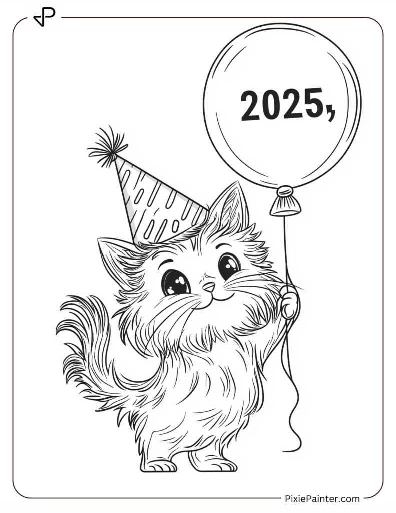 Coloring Page of A Cat in a Party Hat Holding a Balloon Marked _2025