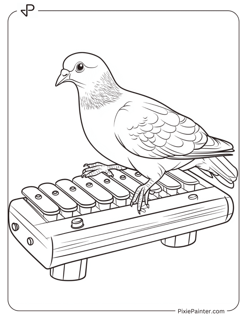 A pigeon playing a tiny xylophone