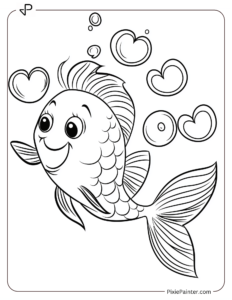 A smiling fish blowing heart-shaped bubbles