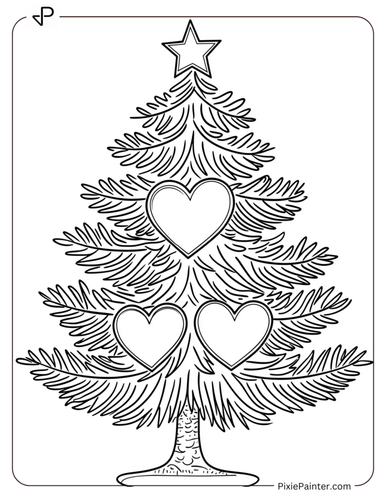 Christmas tree with three heart-shaped ornaments