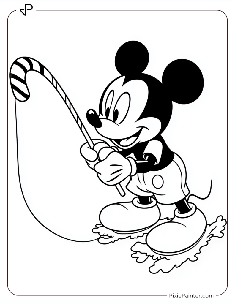 Mickey Mouse ice fishing with a candy cane fishing rod