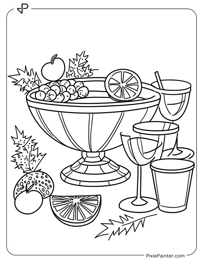 Happy New Year Coloring Page - New Year’s Punch Bowl With Cups