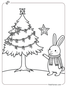 Small Christmas Tree Coloring Page | Rabbit in a Scarf Standing Next to a Tree With Garlands and a Star