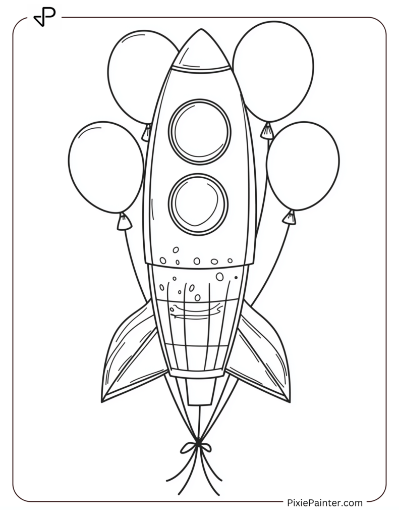 New Year Coloring Pages For Kids - Spaceship With Balloons Tied For A Festive New Year.