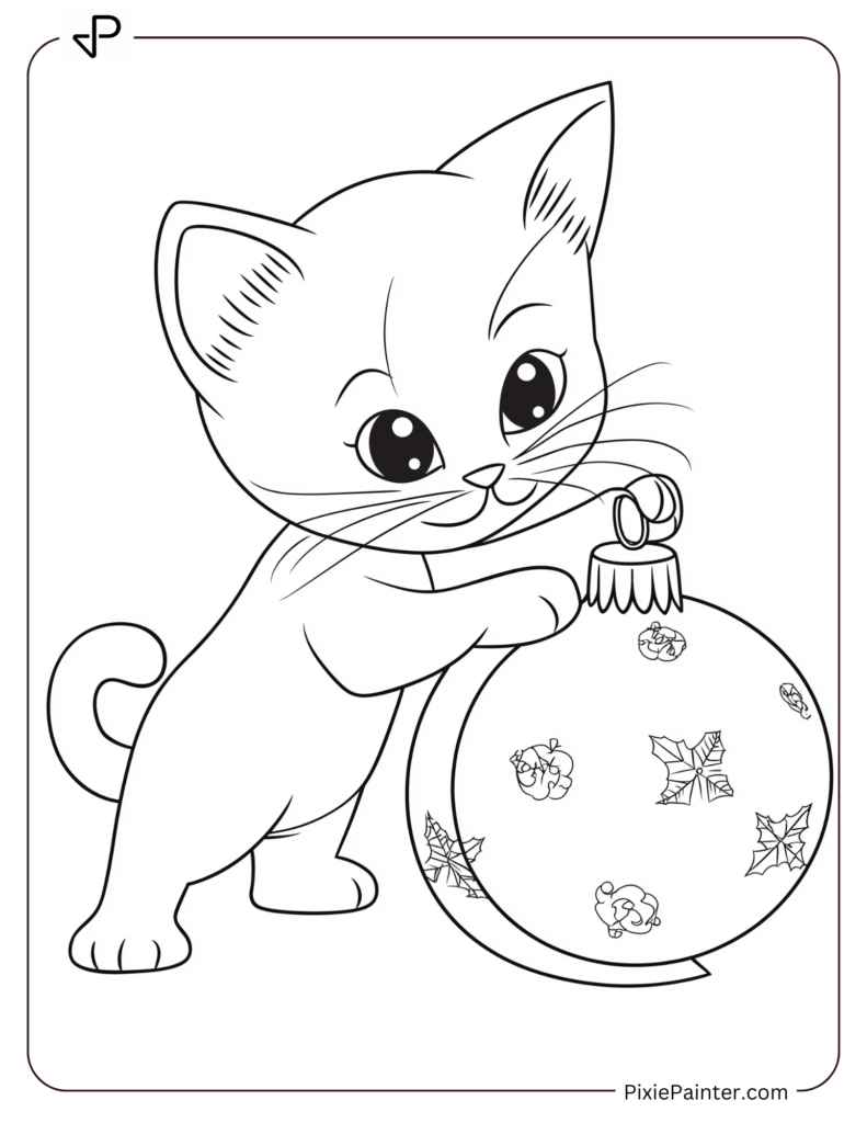 Christmas Coloring Page For Kids - Kitten Playing With Ornament