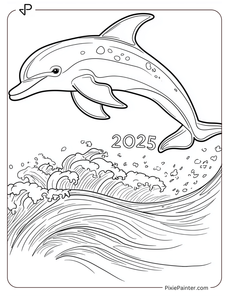 Coloring Page of A Dolphin Leaping Over Waves With _2025_ Shimmering Above