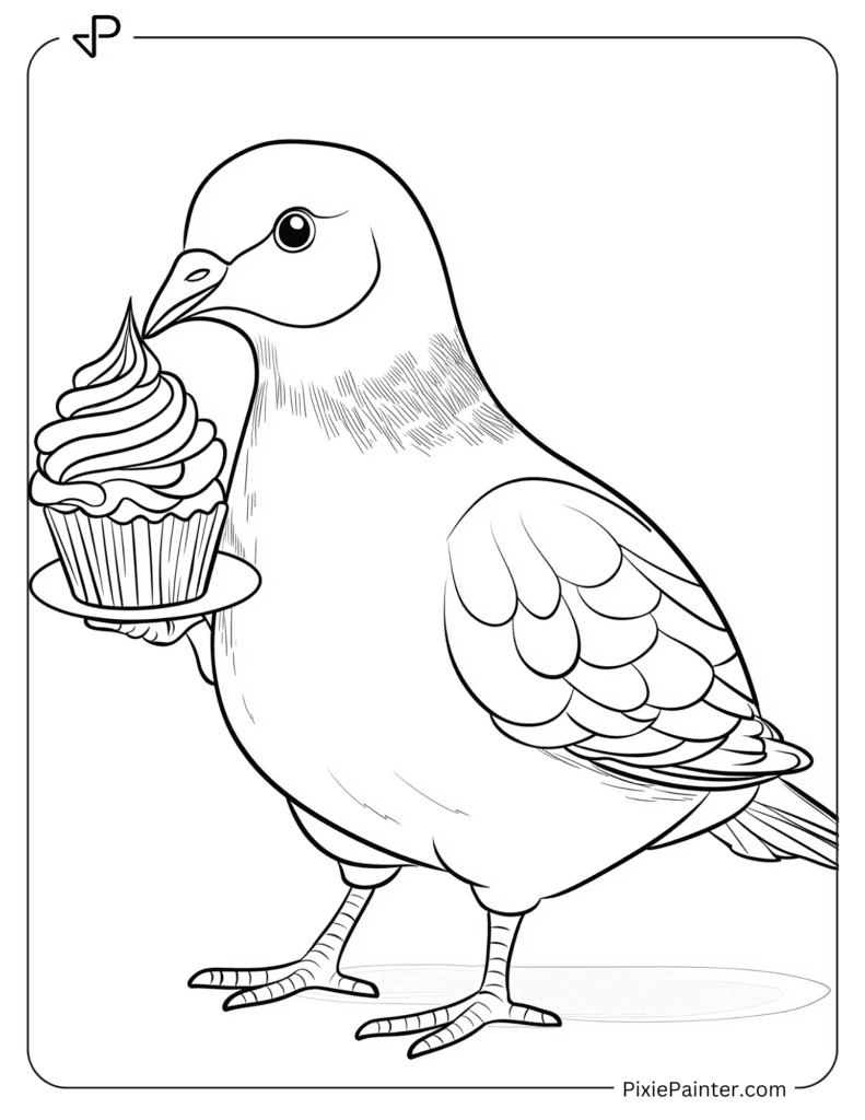 A pigeon holding a cupcake in its beak