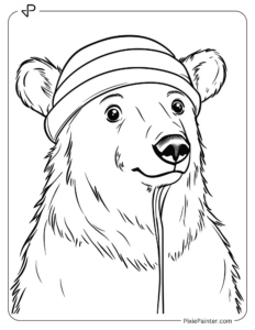 A polar bear wearing a plain winter cap with ear flaps